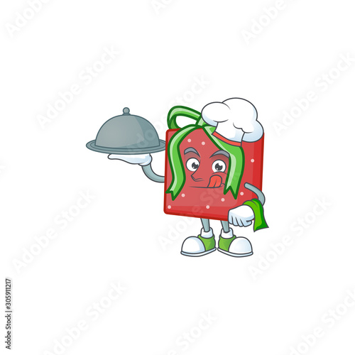 smiling red gift box as a Chef with food cartoon style design