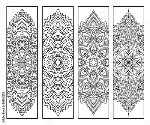 Printable bookmark for book - coloring. Set of black and white labels with flower patterns, hand draw in mehndi style. Sketch of ornaments for creativity of children and adults with colored pencils.