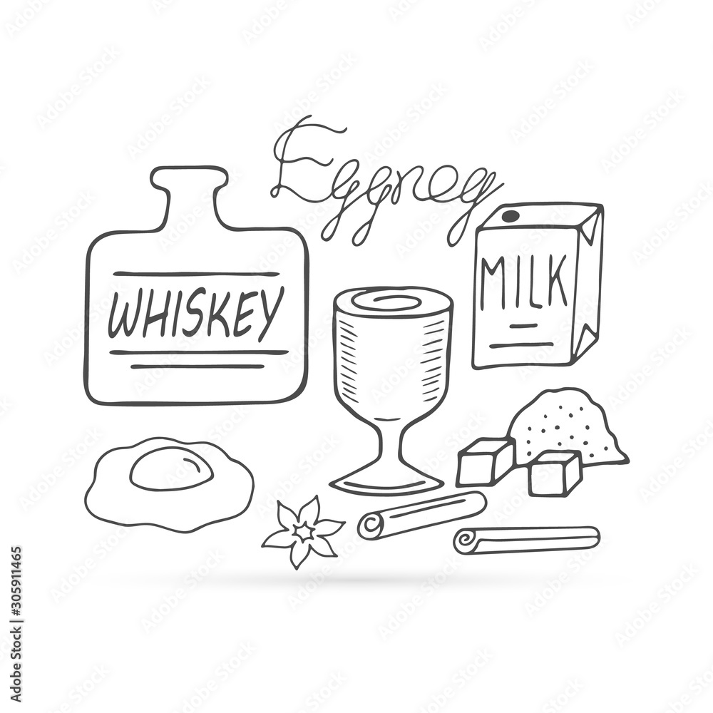 doodle eggnog set, kids hand drawing line art, vector illustration