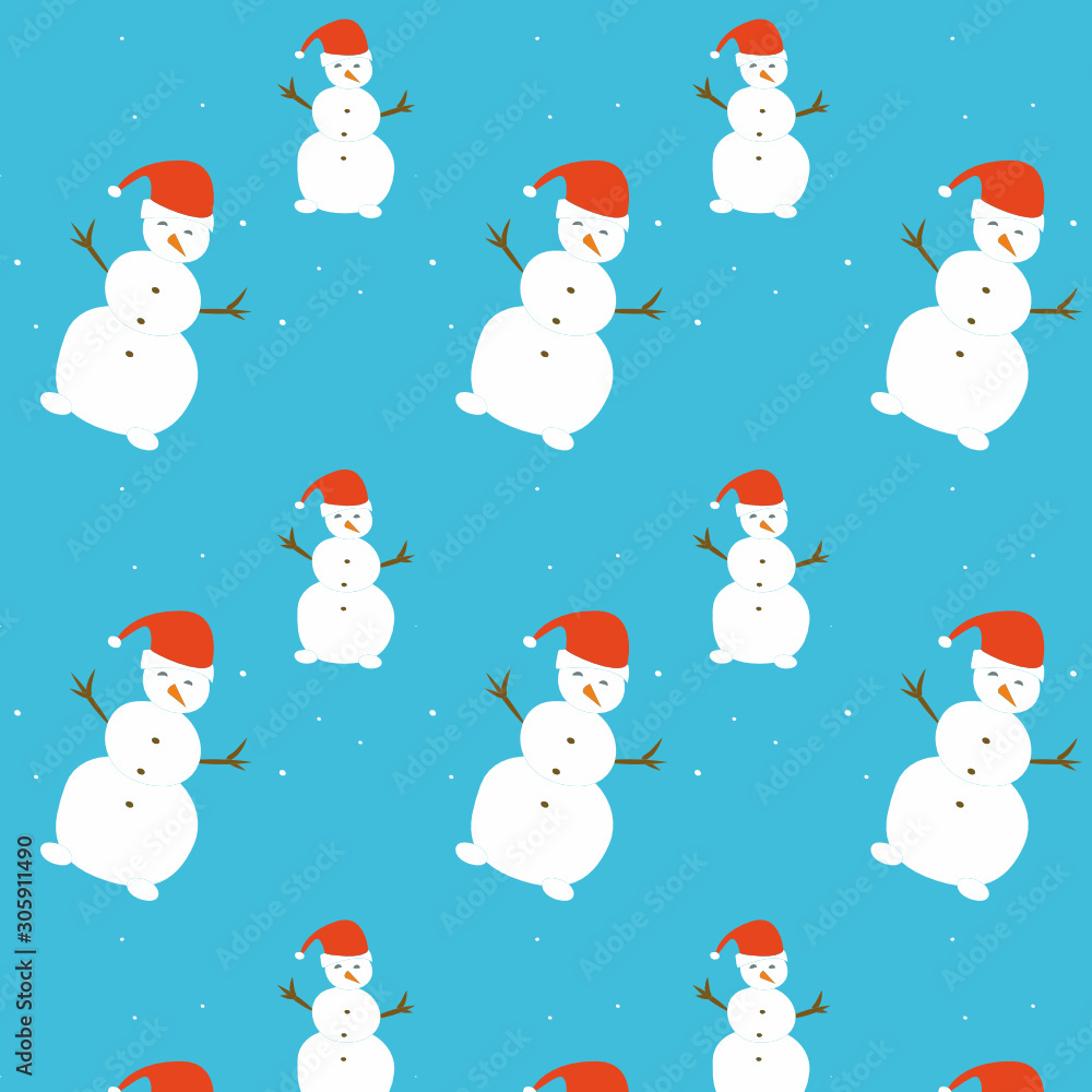 Cartoon winter Merry Christmas and Happy New Year pattern illustration  with cute snowman. Fun flat design. New year.  Fabric and wrapping paper design.