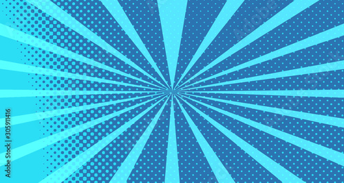 Vintage colorful comic book background. Blue blank bubbles of different shapes. Rays  radial  halftone  dotted effects. For sale banner for your designe 1960s. With copy space eps10.