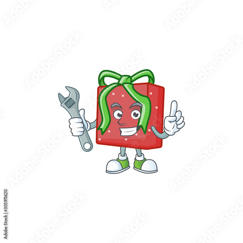 Professional Mechanic red gift box mascot cartoon character style