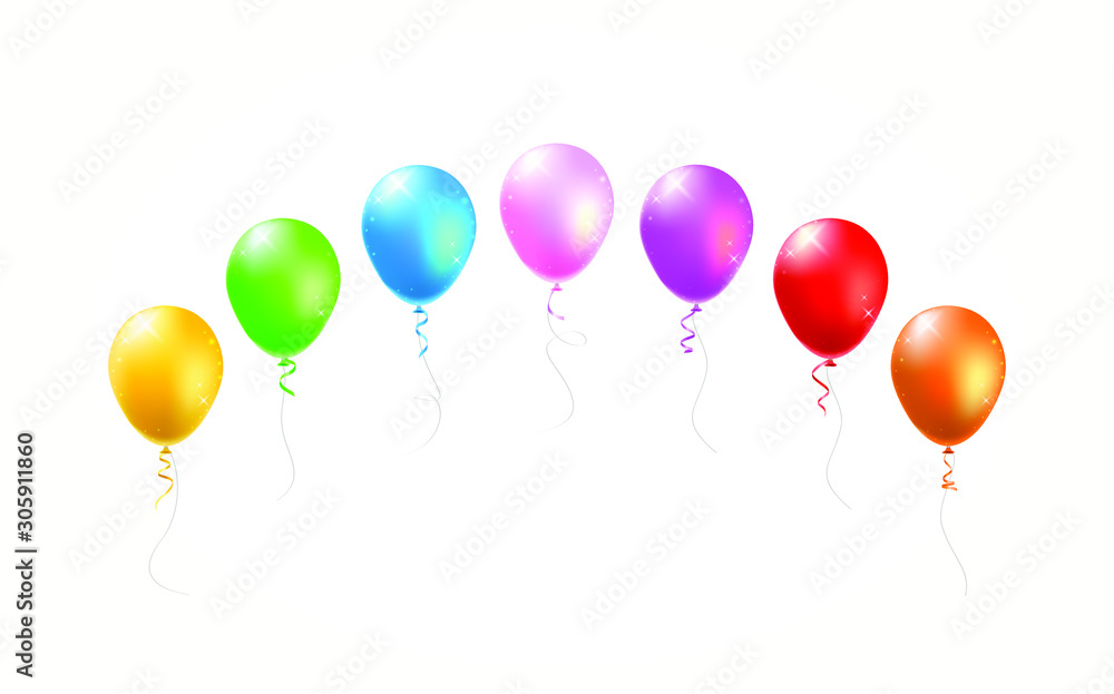 Set of Groups and Bunches of Colorful Helium Balloons on White Background . Isolated Vector Elements