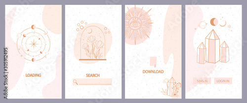 Collection of mystical and mysterious background for social media promotional content. Mobile App, Landing page,Web design in hand drawn style. Minimalistic objects made in the style of one line