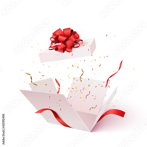 Open gift box with red bow and confetti burst explosion isolated. 3d vector background.