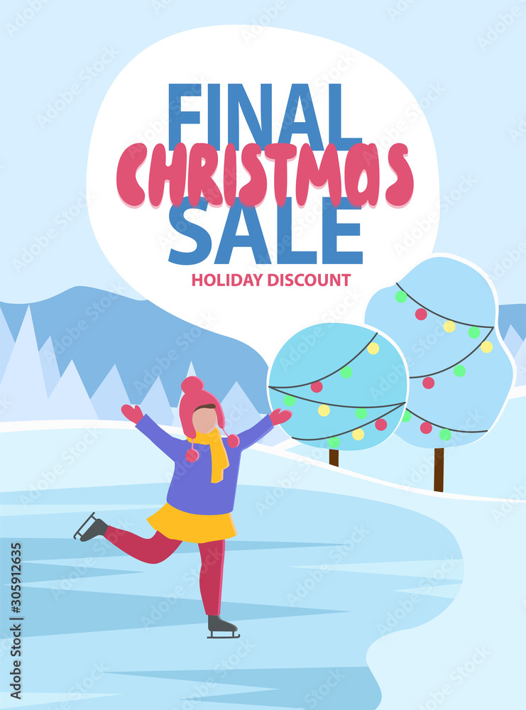 Poster holiday discount and final Christmas sale. Card with snowy landscape and skiing woman character near decorated fir-tree. Winter postcard with special promotion and snowflakes symbol vector