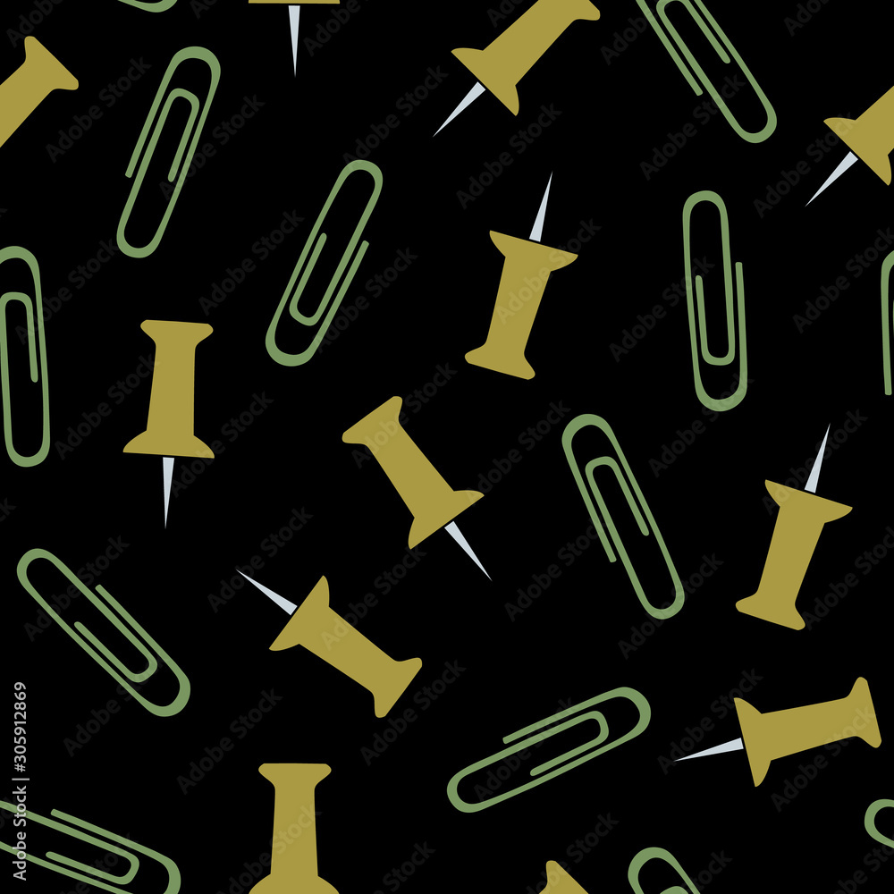 Vector Green and Yellow Tacks and Paper Clips on Black Background Seamless Repeat Pattern. Background for textiles, cards, manufacturing, wallpapers, print, gift wrap and scrapbooking. Vector Green and Yellow Tacks and Paper Clips on Black Background Seamless Repeat Pattern. Background for textiles, cards, manufacturing, wallpapers, print, gift wrap and scrapbooking.