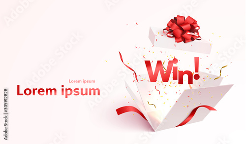 Open gift box with confetti burst explosion isolated. 3d vector background.