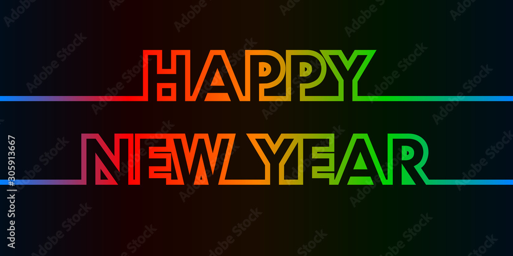 Happy New Year - greeting card, invitation, poster, flyer - colorful continuous outline letters - vector