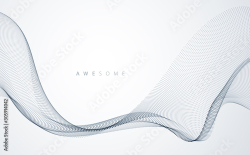 Flowing particles wave, dynamic sound motion curve lines. 3d vector illustration. Beautiful wave shaped array of blended points. photo