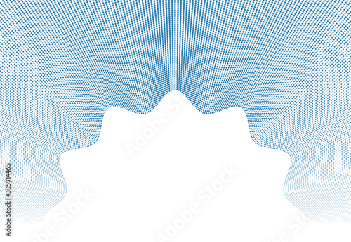 Vector abstract background with wave of flowing particles frame, smooth curve shape lines, particle array flow. 3d shape dots blended mesh, future technology useful border.