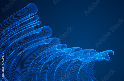 Wave of flowing magic particles over dark relaxing illustration, transparent tulle textile on wind. Round dots vector abstract background. Beautiful wave shaped array of blended points.