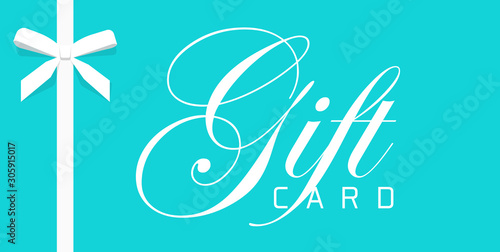 Gift card or or blue elegant voucher vector template design wrapped with thin modern white elegant gift bow ribbon, certificate or coupon offer flyer or present