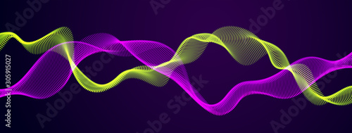 3d particles mesh array, mutual sound wave flowing over dark. Round shining points vector effect illustration. Blended mesh, future technology relaxing wallpaper.