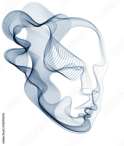 Spirit of digital electronic time, Artificial Intelligence vector illustration of human head made of dotted particles wave lines, particle flow, technological soul of machine.