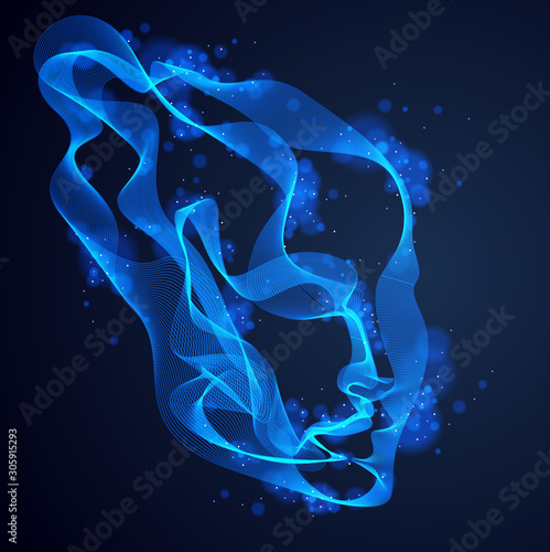 Abstract artistic human head portrait made of dotted particles array, vector illustration of Artificial Intelligence, software digital visual interface.