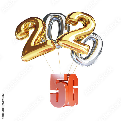 Foil balloon 2020 Gold Happy New Year. 5G sign, 5G cellular high speed data wireless connection. 3d Illustrations on white background