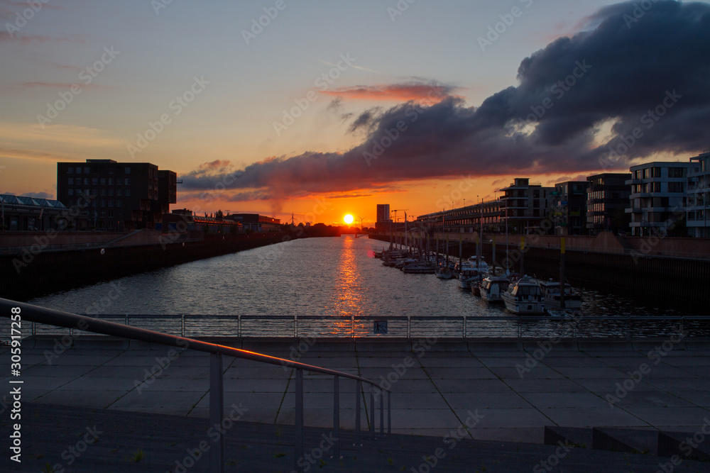 Beautiful view of the sunset at Europahafen in the Überseestadt in Bremen, Germany