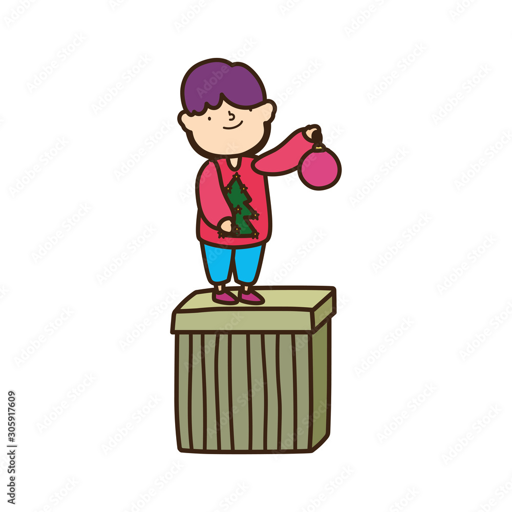 merry christmas boy in gift with ball decoration