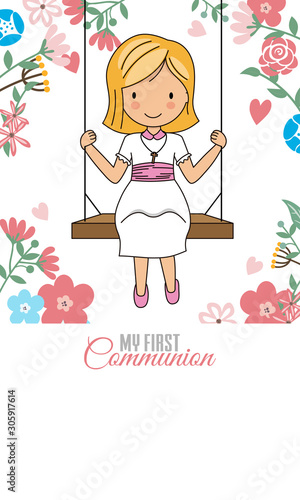 Communion Card. Girl on swing and flower background
