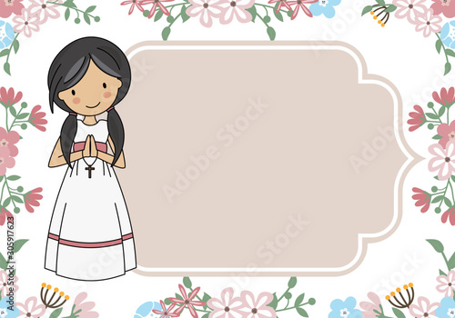 Communion Card Girl praying with flowers background