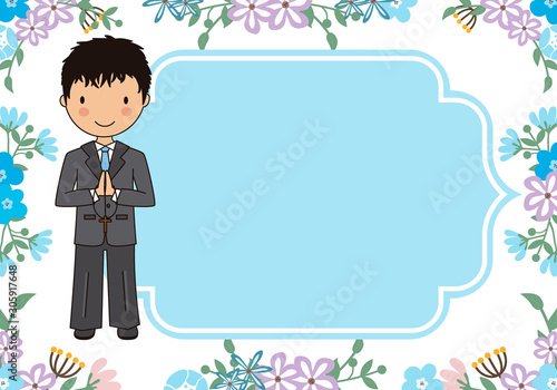 Communion Card. Boy praying with flowers background