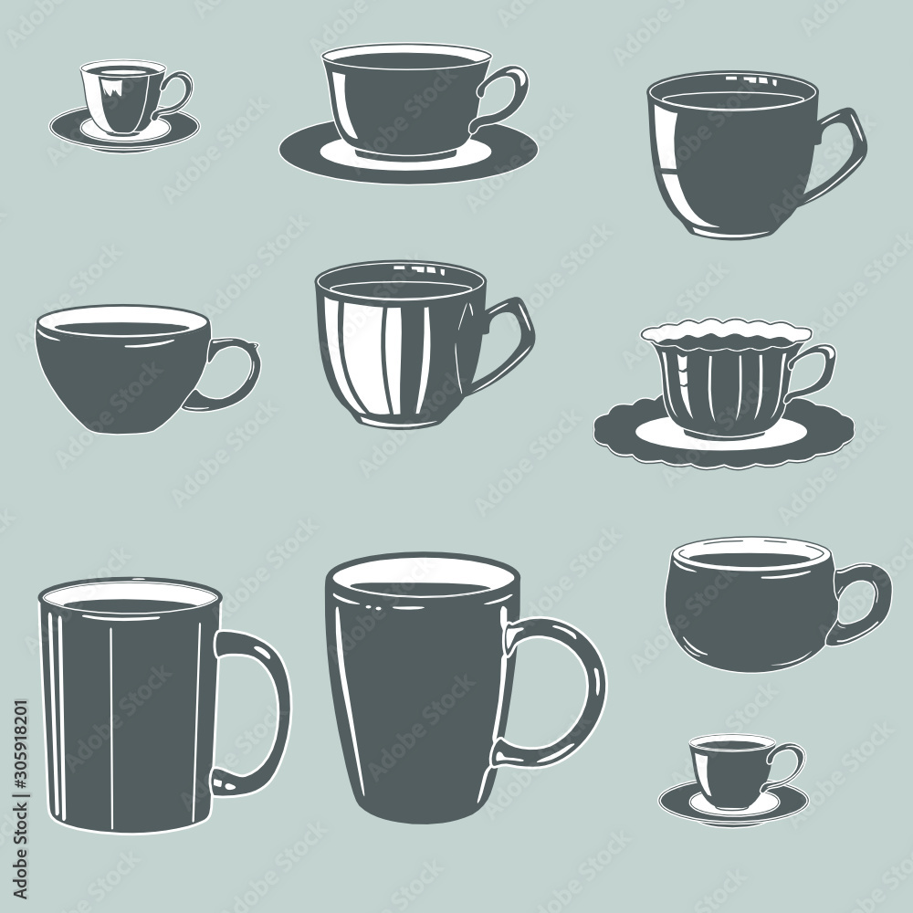 Set of ceramic and porcelain coffee and tea cups with saucers, monochrome illustration in gray tones in vintage style Set of ceramic and porcelain coffee and tea cups with saucers, monochrome illustration in gray tones in vintage style