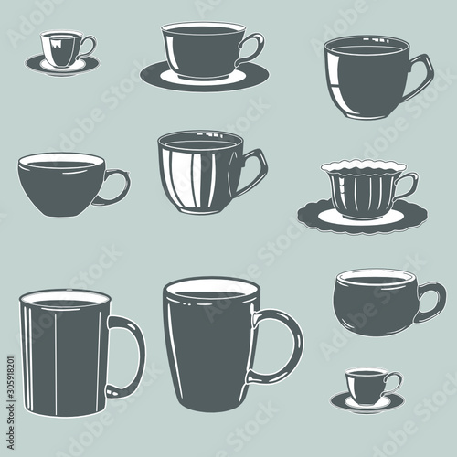 Set of ceramic and porcelain coffee and tea cups with saucers, monochrome illustration in gray tones in vintage style