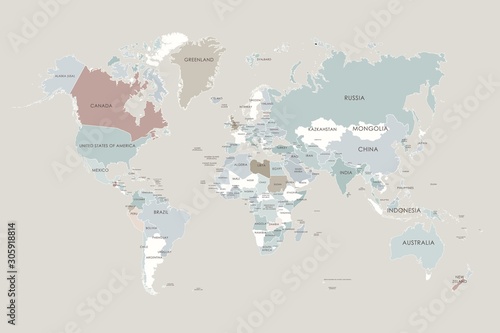 World map in four colors on background. High detail political map with country names.