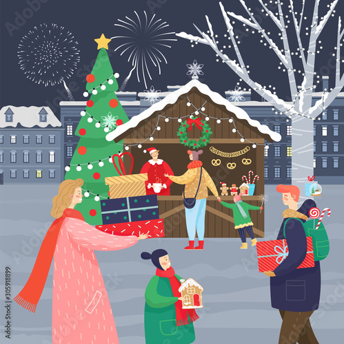 Celebration of Christmas holidays on xmas market. People carrying presents and buying souvenirs at kiosks. Cityscape with modern architecture and fireworks at sky. Woman and man with kid vector
