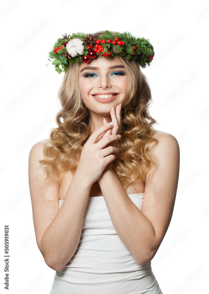 Naklejka premium Young beautiful woman Christmas model isolated on white