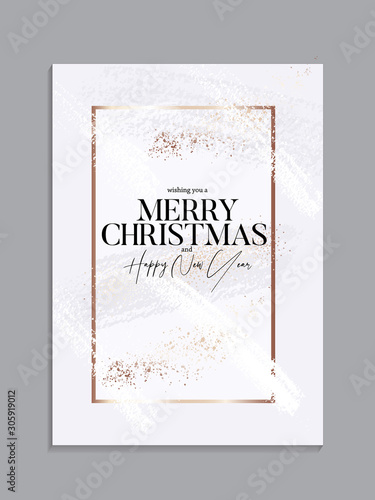 Xmas card with gold sparkle and messy gold  brush strokes on  pastel tender background, classic Christmas banner, winter holiday invitation template, New Year concept in  soft  colors, vector