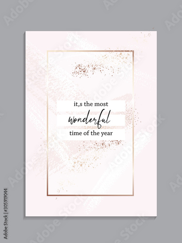 Xmas card with gold sparkle and messy gold  brush strokes on  pastel tender background, classic Christmas banner, winter holiday invitation template, New Year concept in rose pastel colors, vector