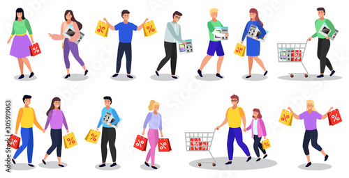 Set of people walking from shopping. Characters with bags and purchase returning from shop. Couple carrying bags with discount sign. Father and daughter with trolley and bought items. Vector in flat