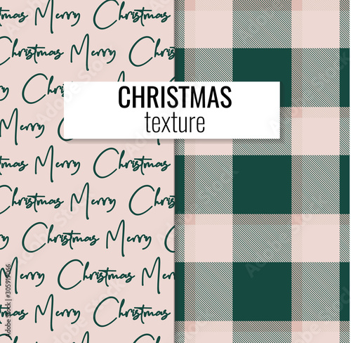 Merry christmas decoration set of plaid texture and typography background in pink green colors.  Xmas greting vector elements, Checered classic pattern textile. Happy new year concept photo