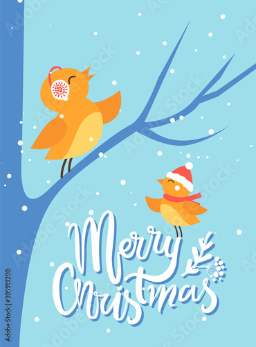 Merry christmas greeting card with birds chirping. Bullfinch sitting on bare tree branch. Birdies wearing earmuffs and Santa Claus hat. Celebration of winter holidays in forest by animals vector