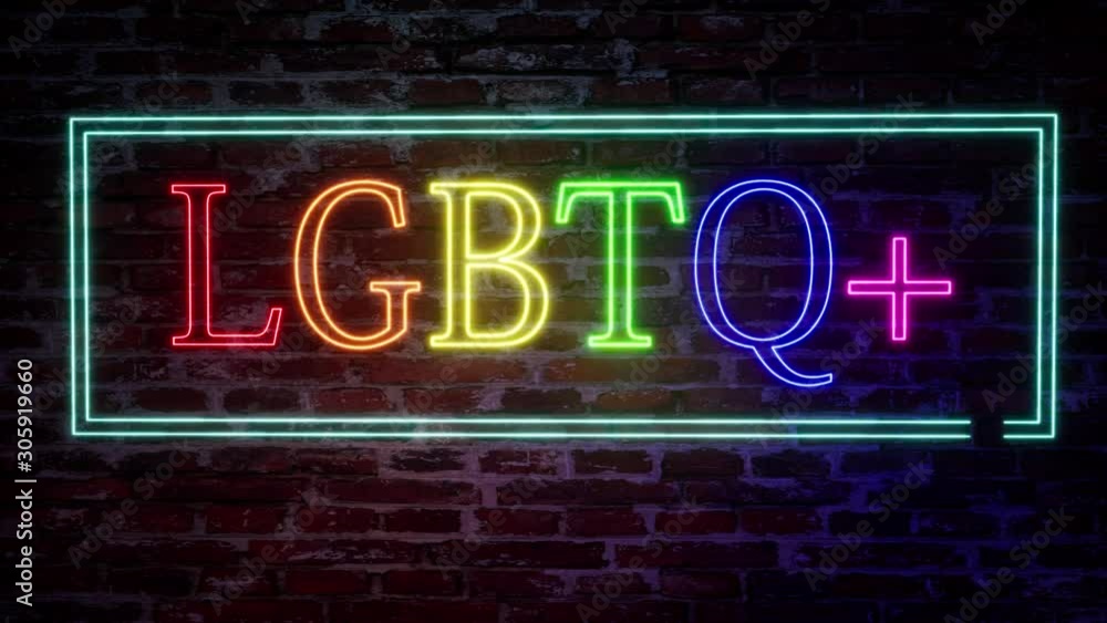 Neon sign with the inscription LGBT on a brick wall background. Colorful pride design. Quote lettering. Rainbow background.. 4k Neon sign with the inscription LGBT on a brick wall background. Colorful pride design. Quote lettering. Rainbow background.. 4k