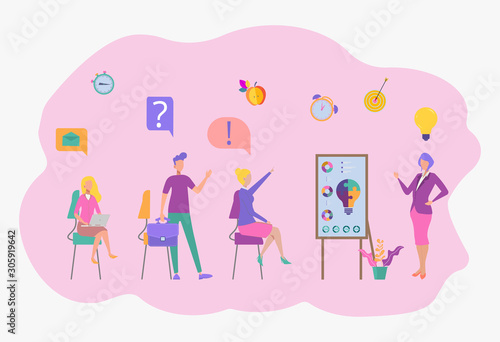 Business training, market design, selection for work, analysis of creative solutions, staff development. Colorful vector illustration.