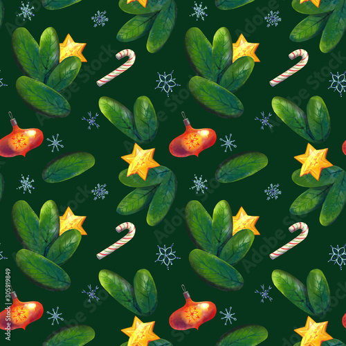 Seamless christmas and New Year pattern with christmas tree branch, christmas ornament and decoration, sweets and gold star on green background