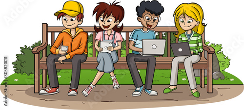 Group of cartoon young people with smartphones and computers in the park.