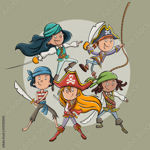 Group of cartoon pirates with swords.