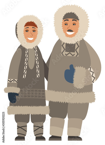Man and woman living in north smiling. Isolated couple wearing warm clothes, jackets with fur and heavy hoods. Female and male at wintertime standing outdoors. Vector in flat style illustration
