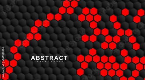 abstract vector background. Geometric black hexagonal. Surface polygon pattern with red hexagon, honeycomb. 3D design illustration technology