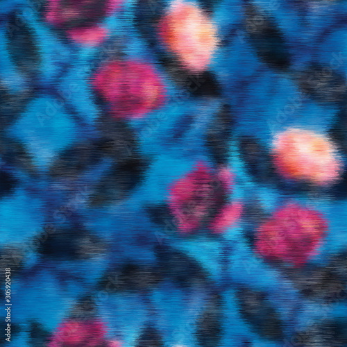 Blurry fuzzy floral ikat seamless repeat vector pattern swatch. Dark shadowy leaves behind bright pink blooms. Rose flowers on bright blue.