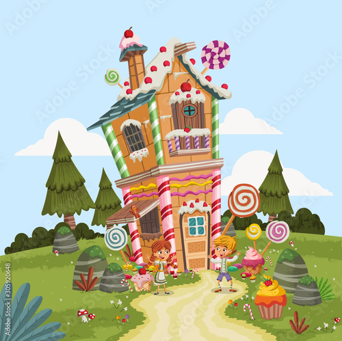 Obraz na plátně Hansel and Gretel in front of the candy house