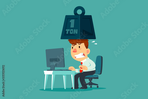 stressed businessman with metal weight on his head