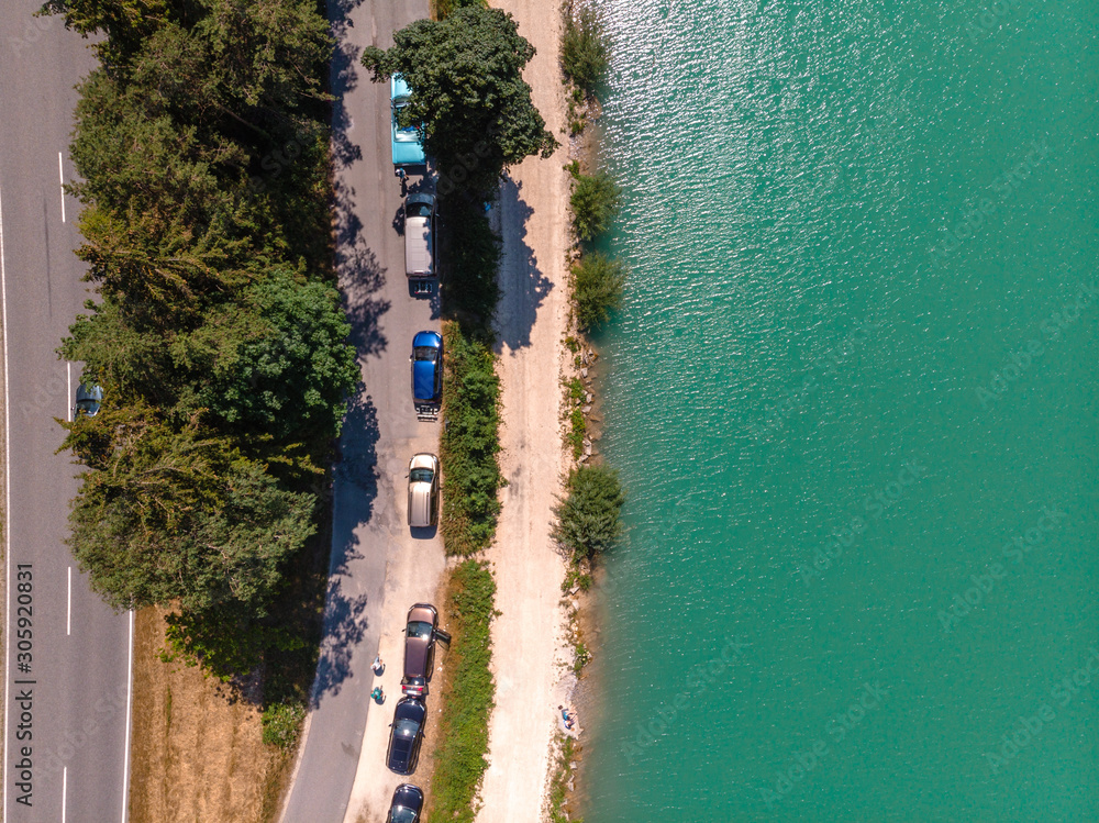 Lake Saalachsee in the Bavarian Alps. Aerial top down view of beautiful landscape with lake turquoise color. Schneizlreuth Germany. Travel and vacation concept. copy space