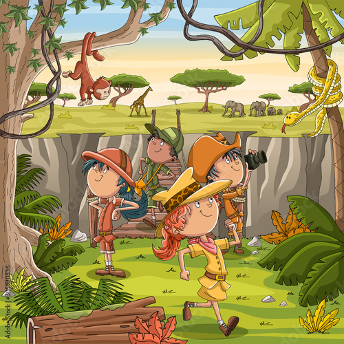 Wild forest with cartoon children crossing a wodden bridge. Adventure in the african jungle.