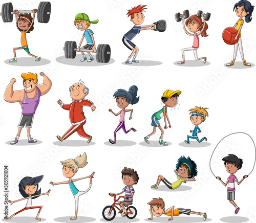 Cartoon athletes training. People working out. Crossfit workout.