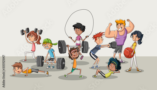 Cartoon athletes training. People working out. Crossfit workout.